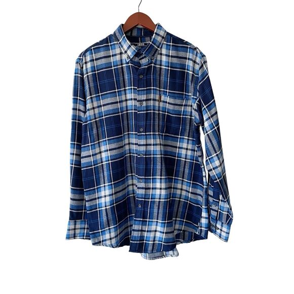 Izod Shirt Men's Large Flannel Blue Plaid Long Sleeve Button Up Pocket Peacoat - Picture 1 of 6